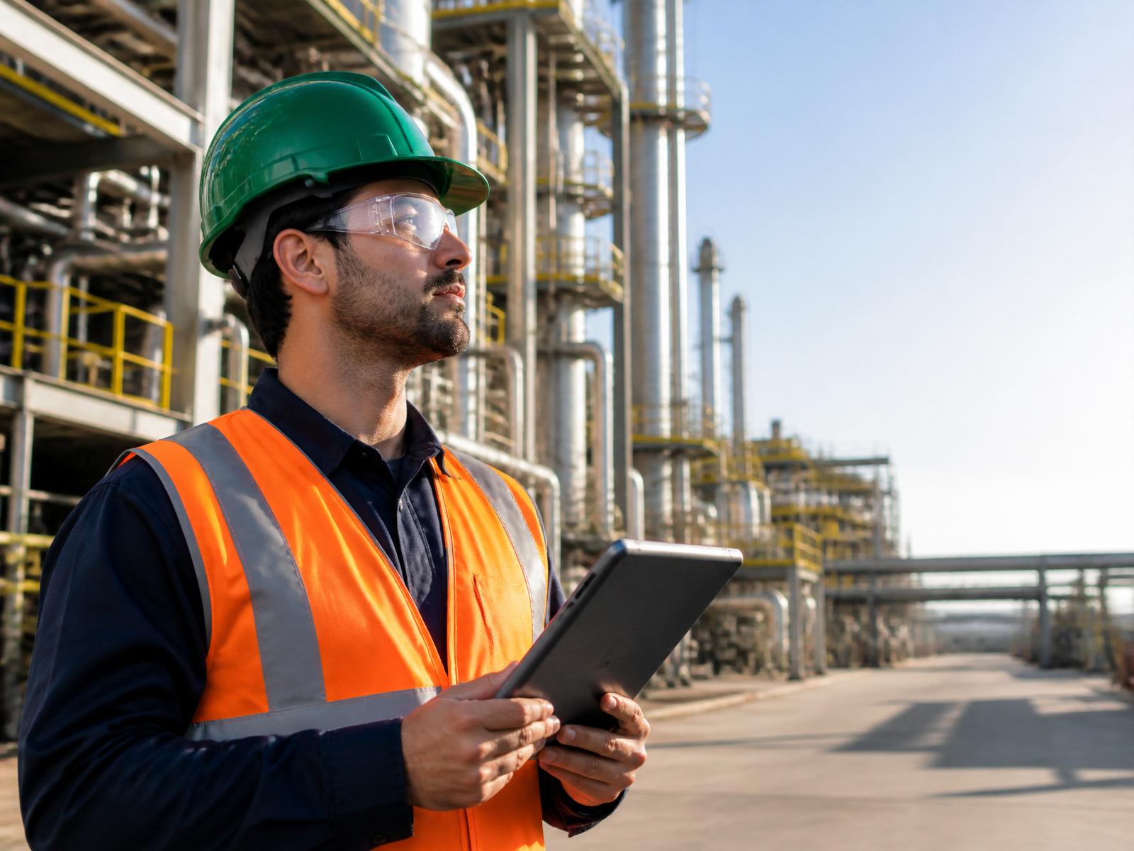 Engenheiro de segurança do trabalho realizando inspeção em ambiente industrial
